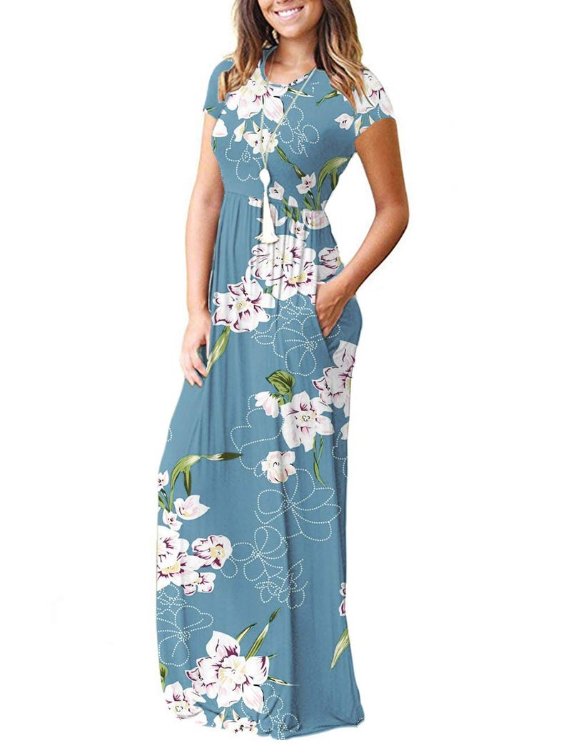 AUSELILY Women's Short Sleeve Loose Plain Casual Long Maxi Dresses for Women 2026 Floral Light Blue 2XL - Image 3